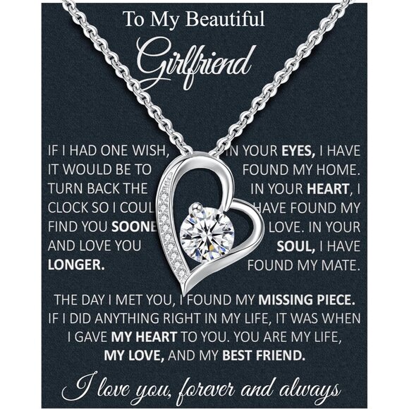 Sterling Silver Heart Necklace for Wife with Cubic Zirconia, Adjustable Chain - Picture 1 of 5